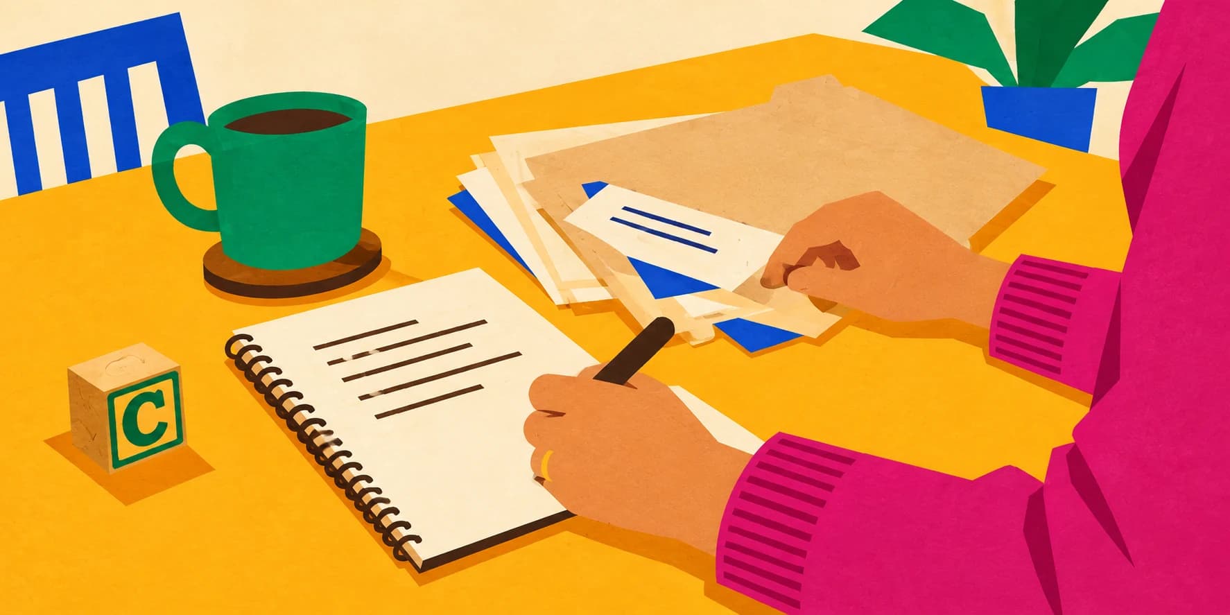 A colorful paper-cut illustration of a parent writing left-handed, with a green coffee mug, folders, and a child's wooden C block on the table.