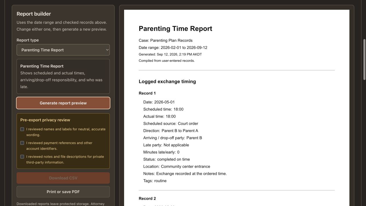 Fictional attorney report preview with selection and export review controls.