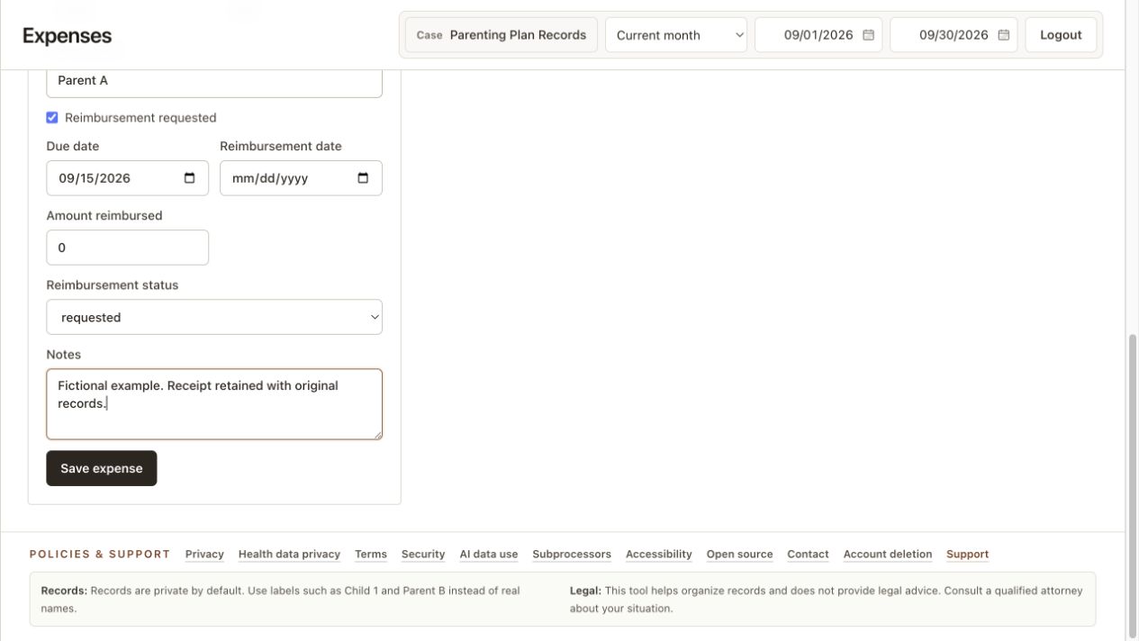 Fictional expense form showing reimbursement amount, date, and status.