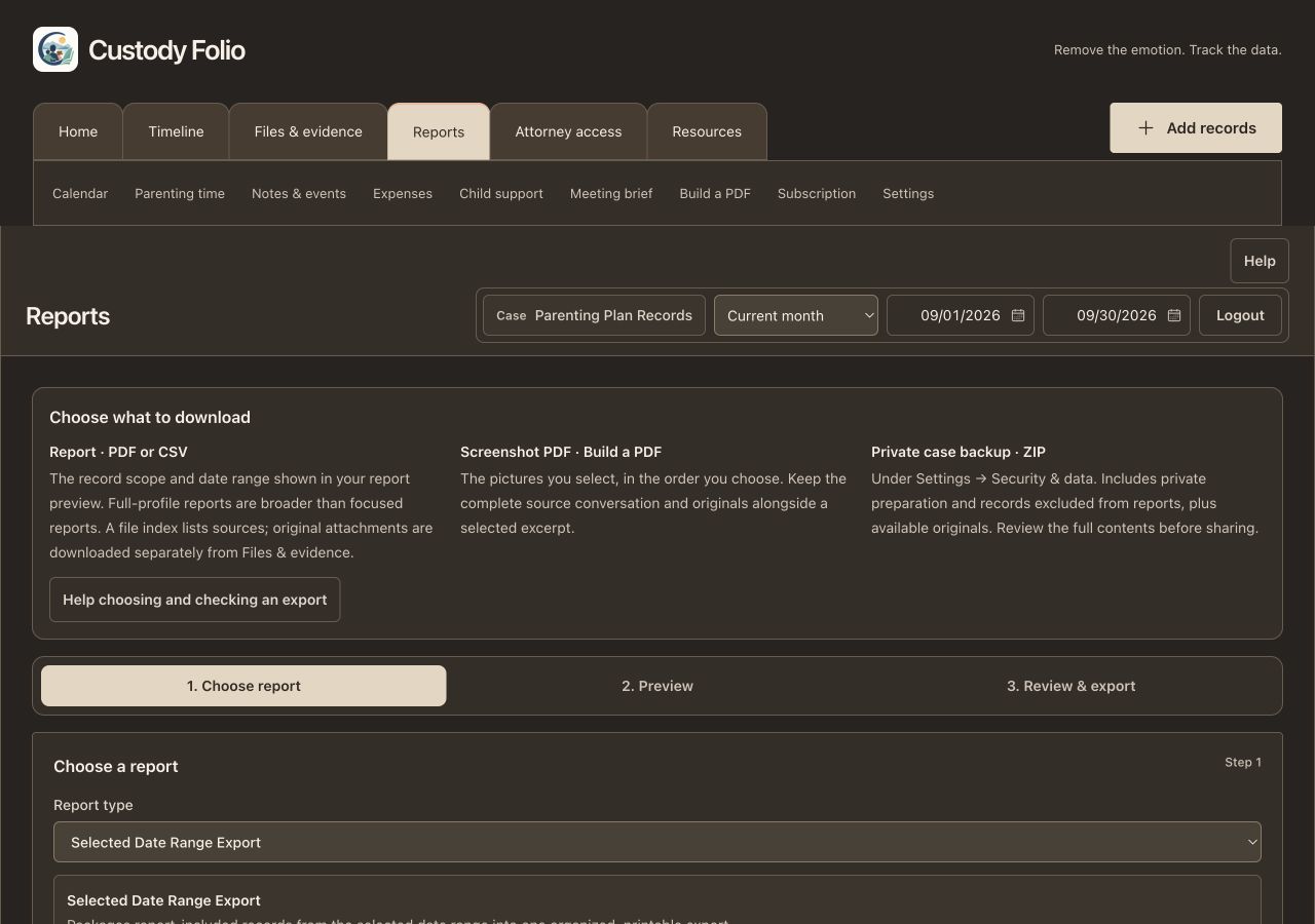 Download guide comparing reports, screenshot PDFs and a private case ZIP backup.