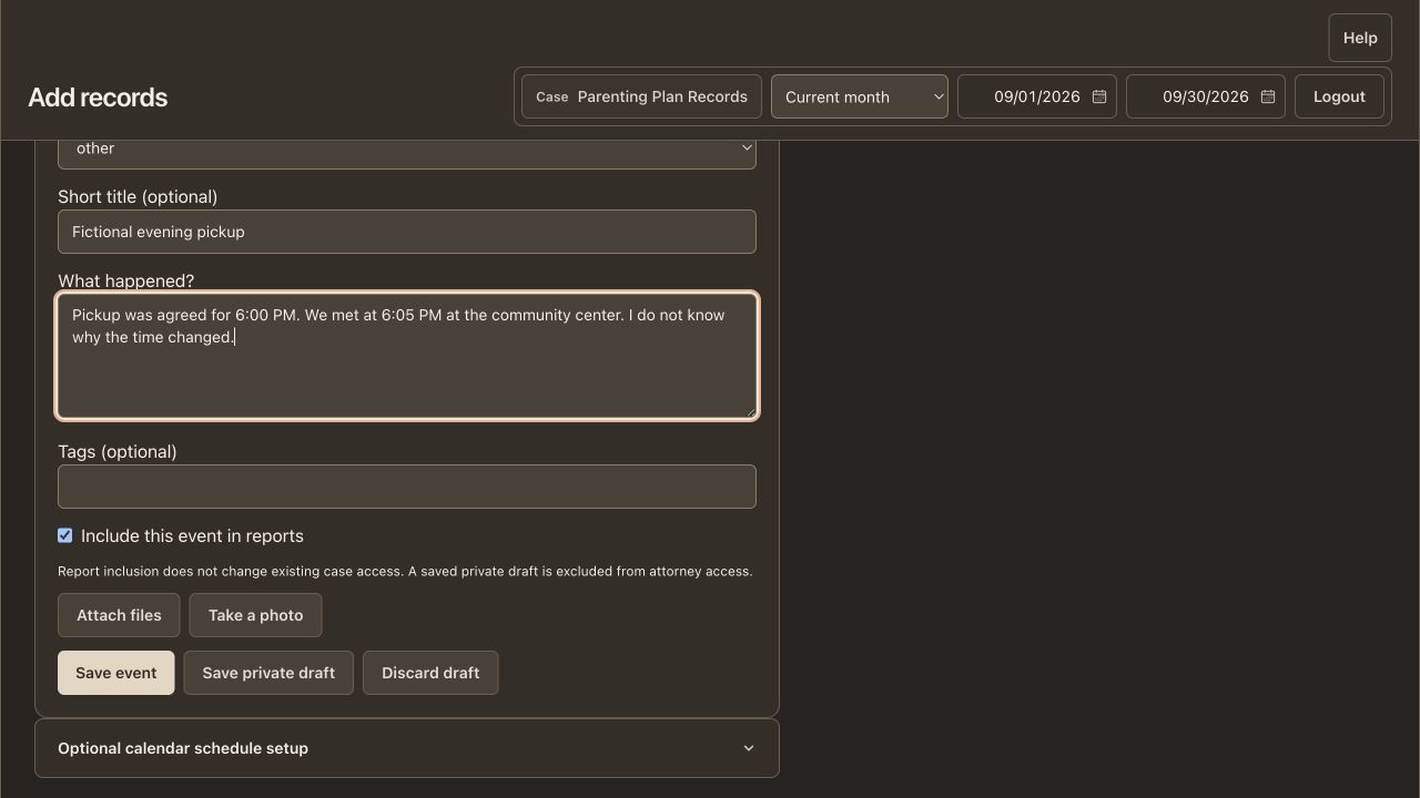 Fictional event form with title, details, report inclusion, attachments, and save controls.