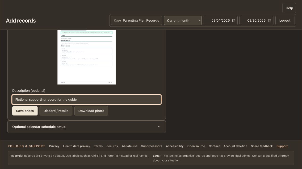 Fictional photo preview with description, Save photo, Discard / retake, and Download photo controls.