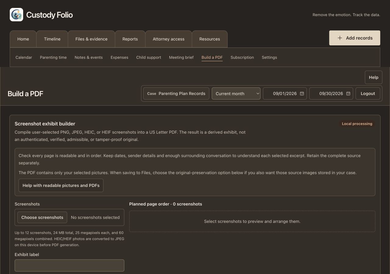 Fictional screenshot PDF builder with selected page order and original-preservation controls.