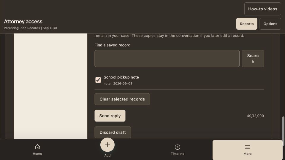 Fictional client reply with a saved record selected and the Send reply control.