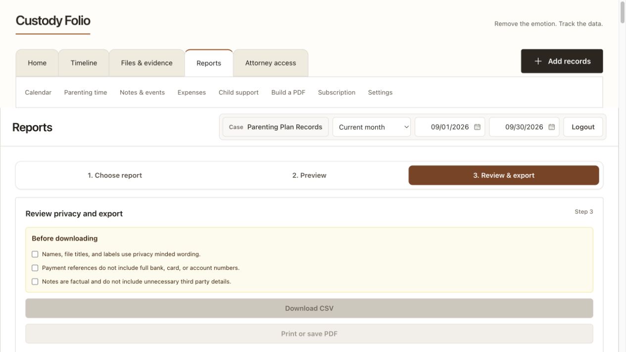 Fictional report review screen with acknowledgements and PDF and CSV export controls.