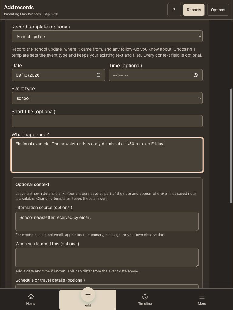 Fictional school record template showing an observation and optional source and follow-up fields.