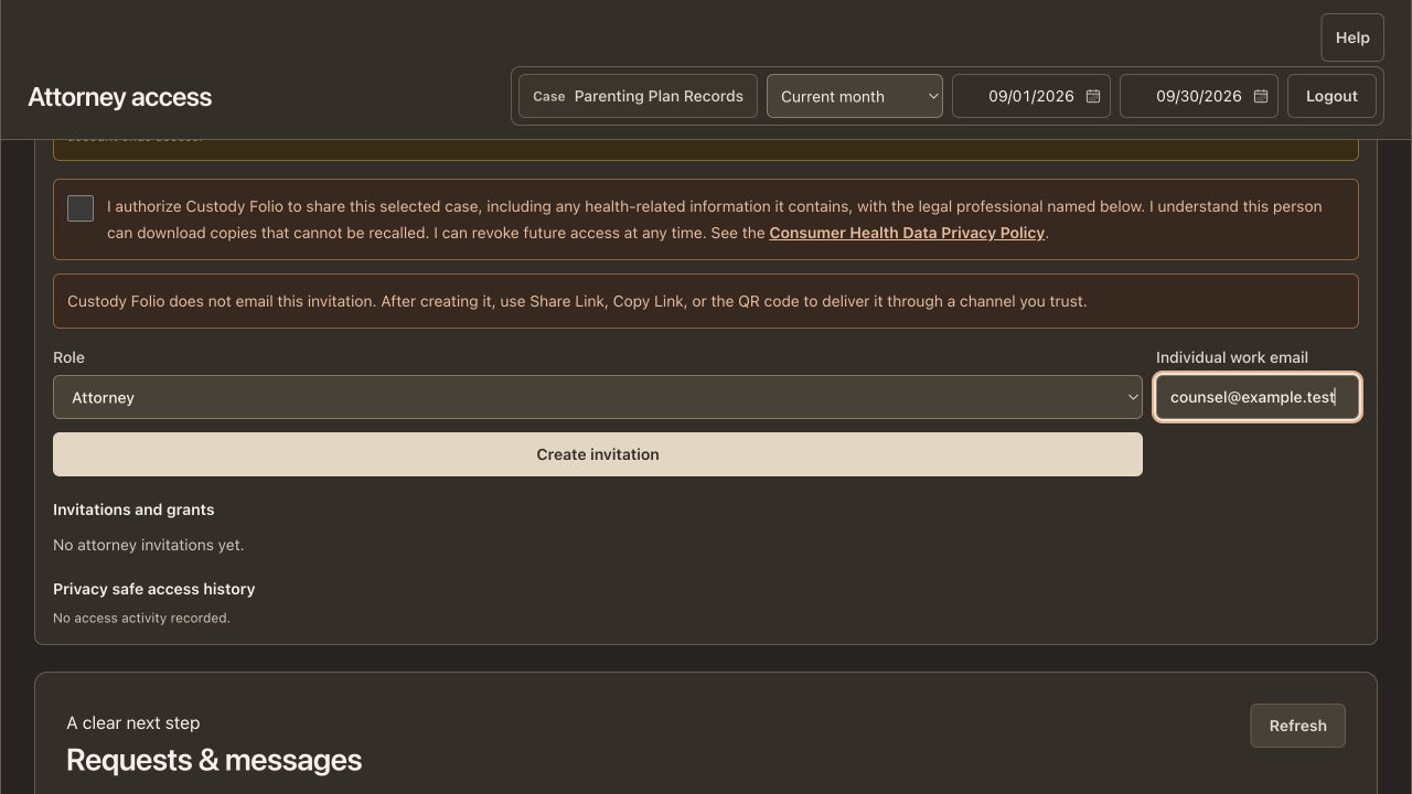 Fictional legal-team invitation screen with recipient role, work email, and sharing authorization.